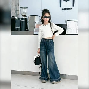 2025 Baggy Jeans for Kids Girl Cuff Ruffles Korean Denim Pants for Kids Girl Maong Pants Girls 4-16Y