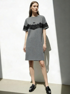 AMII | Round Neck Lace Shoulder Drop Short Sleeve Loose Cotton Air Layer Dress