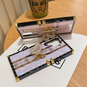 Case for Samsung Galaxy S23 Ultra S22 S23 Plus S21 S22 Ultra Luxury Shell Pattern Gold-plated Back Cover with Gold-plated Rhinestone Butterfly Bracket Four Corners Reinforcement Drop-proof Shockproof Protective Cover
