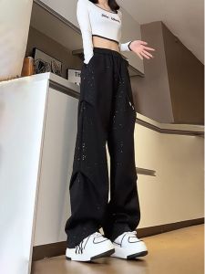 กางเกงลำลองทรงหลวมเอวสูงสำหรับผู้ชายและผู้หญิง สไตล์ฮิปฮอป ทรงหลวม ทรงขากว้าง กางเกงขายาวทรงหลวมสบายๆ ทรงหลวม