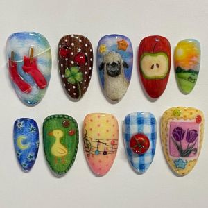 24pcs Gradient Black False Nails Cute Cartoon Cats Eye Forest Elf Girl Press On Nails Glossy Almond Sweet Cool Fake Nail Tips