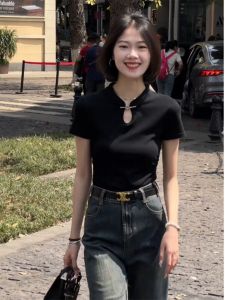 New Chinese Style Black Short Sleeve T-Shirt Womens Fashion Slim Fit Inner Wear Meat Concealing Top Button Pure Color Casual