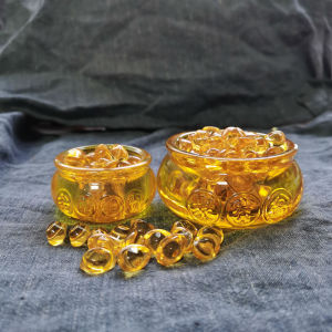 1 pc 6cm/8cm Feng shui Glass Golden Treasure Basin with full Ingot/Yuan Bao Good Luck Wealth Prosperity Figurine Collectibles New Years Decoration for Home Office