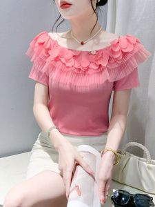 Phong Cách Pháp Chống Lão Hóa Hở Vai Áo Thun Nữ Tay Ngắn Nữ Mùa Hè Thời Trang Sành Điệu Viền Gored Cao Cấp Một Vai Áo