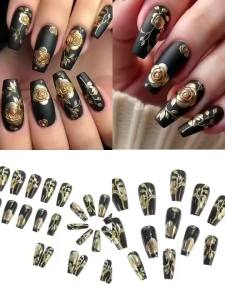 3D fake nails for women girls golden silver gilding rose flowers for Valentines Day ballet almond tips press on false nail art