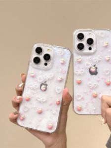 3D Stereo Gradient Small Strawberry Phone Case Transparent Heart Shimmer Powder Protective Cover for   13 Pearl Butterfly Knot 14Plus Drop Glue Case Cute Female Version