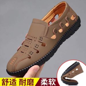 Summer Breathable Hollow out Sandals Soft Leather Surface Work Casual Mens Shoes Driving Comfortable Slip-On Flat Heel