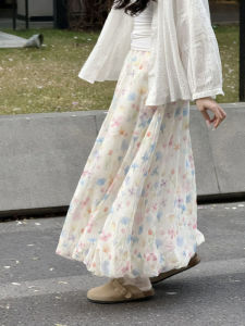 Countryside Floral Print High-Waist Half Skirt Womens Mid-Length A-Line Skirt for Summer Poly Blend Korean Style Office Wear