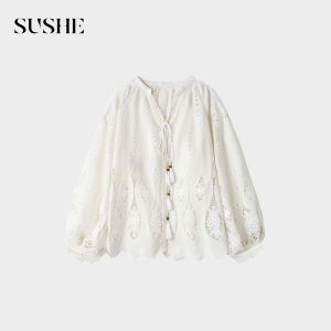 SUSHE | Oriental Embroidery Design V-Neck Tie-Waist Loose Fit Women Shirt