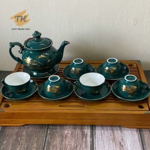 FREESHIP - Bộ ấm chén bộ ấm trà Bát Tràng vẽ vàng cảnh Đồng Quê cao cấp pha trà ngon dung tích ấm 500ml