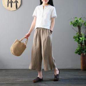 High Waist Loose Cotton Linen Wide Leg Pants for Women Casual Artsy Style Ankle-Length Work Clothing Plus Size