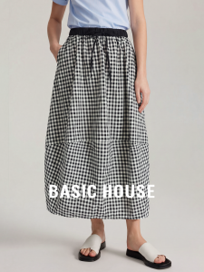 Basic House | Drawstring Black-and-white Gingham Summer High-waist Concealing Hips Cotton Skirt