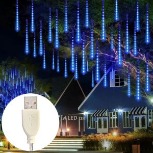 USB LED ฝนดาวตกไฟ Falling Rain Drop Fairy String Light กันน้ําสําหรับคริสต์มาสปาร์ตี้ Garden ตกแต่งวันหยุด
