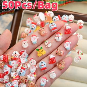 50Pcs 3D Christmas Snowman Elk Nail Charms Cartoon Xmas Bell Sock Resin Nail Art Decoration For DIY Crafts Hair Jewelry Kid Gift