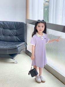 Casual Pure Color Polo Neck A-Line Long Dress Summer Children