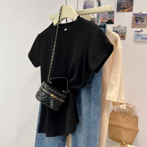 เสื้อยืดคอกลมแขนสั้นผู้หญิงสไตล์เกาหลีฤดูร้อน 2023 สีพื้น สไตล์เรียบง่าย เสื้อแขนสั้นทรงเข้ารูป คอกลมเล็ก ไหล่ตรง