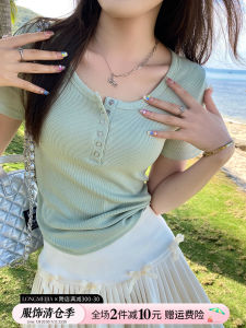 Green Slim Fit Short Sleeve T-Shirt Womens Style Commute Korean Version Cotton Spring Summer New Arrival Unique Beautiful Short Length