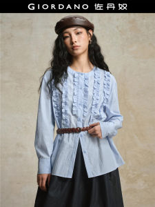 Giordano Designer Textured Loose Womens Shirt Long Sleeve round Neck Lace Trim 18345703 Cotton Blend Business Casual