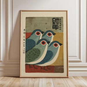 Japanese Bird Art Print Retro Blue Bird Poster Minimalist Animal Illustration Vintage Wall Decor Modern Graphic Artwork
