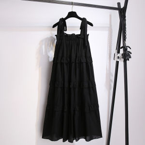 Black Strapless Sleeveless Summer Dress Womens Beach Holiday Coastline Gown Korean Style A-Line Long Dress Pure Color