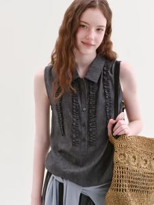 Fano | Áo Blouse Vintage Pháp Không Tay Như Jeans Với Chi Tiết Gỗ