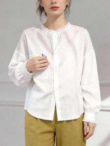 QINGNAER | Age-reducing Luxury Plus Size Womens Shirt White Lace Collar Puff Sleeves