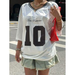 Sporty Graphic Tee Letter Print Contrast Panels Loose Fit Shoulder Sleeve V-Neck Short Sleeve Womens Casual T-Shirt
