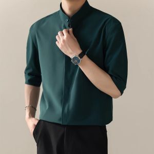 New Chinese Style Ice Silk Short Sleeve Shirt Mens Light Maturity Wind Stand Collar Summer Korean System No Ironing Draping Five Half Sleeve Shirt