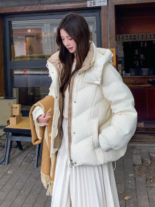 Korean Style Womens down Cotton Jacket 2025 New Loose Short Thickened Winter Coat with Hood Zipper Closure Long Sleeve