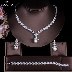 SEQUITO Đáng Giá Mạ Bạc Dát Trắng AAAAA Đá Cubic Zirconia Với Ngọc Trai Lớn Bộ Trang Sức Cô Dâu Cao Cấp Mặt Dây Chuyền Bông Tai Thả Bộ Vòng Tay Cho Đính Hôn Đám Cưới SJ295