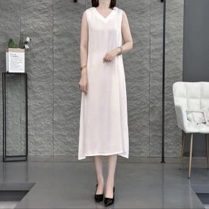 เรียบหรู คอวี แขนกุด Midi เดรส ฤดูร้อน ยาวถึงเข่า กระโปรงทรงเอ ฐาน เสื้อกล้าม เดรส หลวม พลัสไซส์ คลอดบุตรสีบริสุทธิ์ เดรส