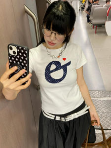 Áo Thun Tay Ngắn Ôm Vừa Vặn Cổ Tròn in Chữ Mùa Hè Cho Nữ Phong Cách Retro Mỹ Họa Tiết Chấm Bi