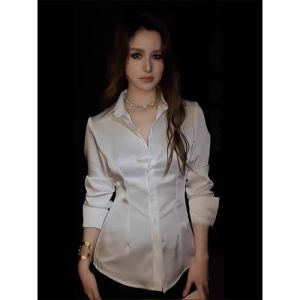 Elegant White Acetate Satin Shirt Womens Slim Fit French Waist Cinched Fashionable Unique Spring Autumn New Style Polo Collar