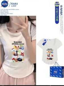 Áo Thun Tay Ngắn Cổ Tròn Dáng Ôm Mùa Hè NASA American Sweet Spicy Girl Irregular Shoulder Pure Desire Fishbone Short Top