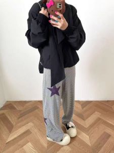 Soft Star Patch Grey White Double Sided Fleece Loose Straight Leg Long Pants Casual Trousers Womens Fashion Commute Style
