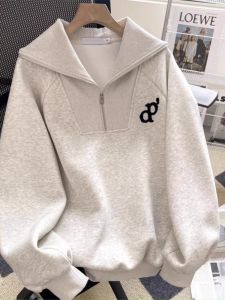 Áo Nỉ Cổ Polo Nửa Khóa Màu Xám Oversize Cho Nữ Phong Cách Mỹ Áo Khoác Ngoài Thường Ngày Bằng Cotton 100% Mùa Thu 2024