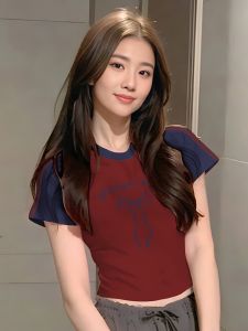 Raglan Short Sleeve Shoulder T-Shirt Womens Short American Unique Chic High Waist Crop Top Sweet and Spicy Jazz Tops Summer Slim Looking