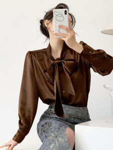 Elegant Silk Satin Womens Shirt with Gold Plated Butterfly Knot Loose Fit Bubble Sleeve Long Sleeve Commute Shirt for Spring