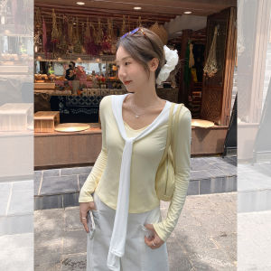 Slim Fit Long Sleeve V-Neck T-Shirt with Shawl Collar Navy Blue Womens Fashion Autumn New Style Korean Style Casual Cotton Blend