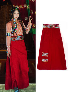 กระโปรงทรงเอเอวสูงสีแดงสดสำหรับผู้หญิง สไตล์ชาติพันธุ์ กระโปรงยาวคลุมเข่า ทรงเอ ผ้าโพลีเอสเตอร์ ฤดูร้อน 2023