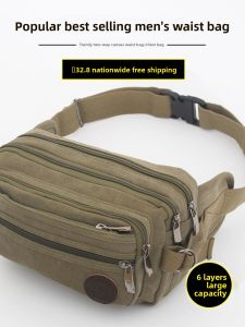 Mens Canvas Waist Bag Casual Waterproof Oxford Cloth Money Bag Business Multi-Functional Practical Large Capacity Wear Resistant