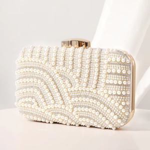 Ladies Pearl Elegant Evening Bag Fashionable Stylish Beading Wedding Dinner Party Banquet Dress Clutch Bag with Long Chain