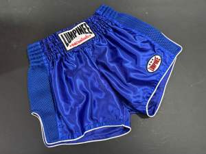 Lumpinee Satin Retro Muay Thai Fight Shorts Plain Blue with Blue Mesh