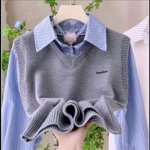 Womens Long Sleeve Knitted Shirt Casual Layering Spring New Style Sweet Style Loose Fit Polo Collar Short Length Striped Patchwork