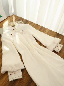 Elegant Vintage Thickened Long Sleeve Lace Cheongsam Dress Autumn Winter Daily New Chinese Style Buttoned Fake Two-Piece Fairy