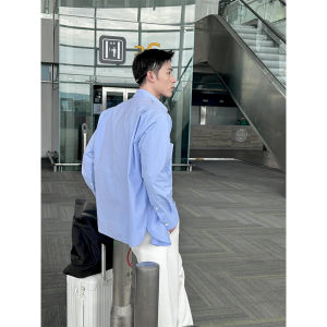 Blue Long Sleeve Ice Silk Shirt Mens Summer Thin Sun Protection Fashion Brand American Style Trendy Top Loose Fit Youth Pop