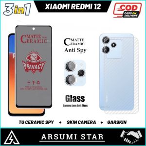 Paket 3in1 Tempered Glass Privacy XIAOMI REDMI 12 4G Pelindung Layar Anti Gores Ceramic Spy Full Layar Screen Protector Anti Pecah Anti Intip + Skin Camera + Garskin Carbon 3D