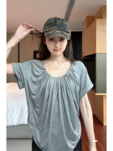 YUEZHONGWEI | เสื้อยืดแขนสั้นคอวีพับ สีเทา ทรงหลวม แฟชั่นฤดูร้อน สำหรับผู้หญิง เสื้อเชิ้ตคอวีพับทรงหลวมสไตล์ลำลอง