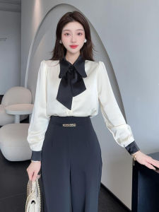 เสื้อเชิ้ตผู้หญิงผูกโบว์ผ้าซาตินสไตล์ฝรั่งเศส ฤดูใบไม้ร่วง 2024 เสื้อเชิ้ตผู้หญิงคอกลมแขนยาวทรงหลวมสบายๆ สไตล์เรียบง่าย