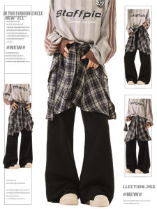 กางเกงขายาวทรงหลวมสไตล์อเมริกันย้อนยุคสำหรับผู้หญิง ฤดูใบไม้ร่วง/ฤดูหนาว กางเกงขายาวทรงหลวมแบบปลอมสองชิ้น